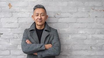 A man with his arms crossed standing in front of a brick wall photo