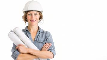 Confident Female Architect Holding Drawings in Construction Helmet photo