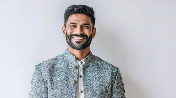 A smiling indian man in a grey jacket photo