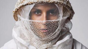 A woman wearing a white veil and a hat photo