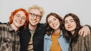 Four Friends Leaning Together in Studio Against a White Background photo