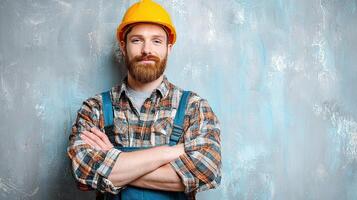 Confident Builder with Arms Akimbo Wearing Hard Hat in Industrial Setting photo