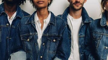Four people wearing denim jackets photo