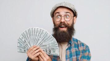 A bearded man with glasses and a hat holding a fan photo