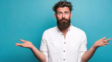 A man with a beard and white shirt is holding his hands up photo