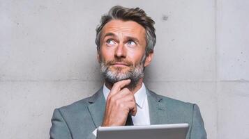 A man in a suit is looking up at something photo