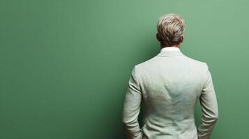 A man in a suit standing in front of a green wall photo