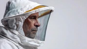 A man wearing a bee suit and a beekeeper's hat photo