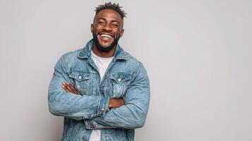 A smiling black man in a denim jacket photo
