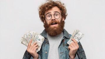 A man with a beard and glasses holding money photo