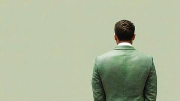 A man in a green suit standing in front of a green wall photo