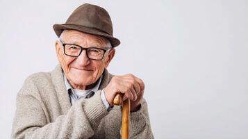 An old man with glasses and a hat sitting on a chair photo