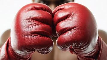 A close up of a man wearing red boxing gloves photo