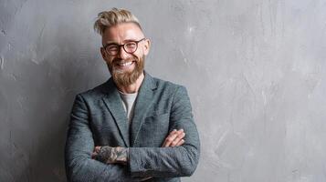 A man with a beard and glasses standing in front of a gray wall photo