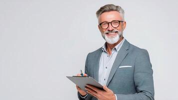 A man with a beard and glasses is holding a clipboard photo