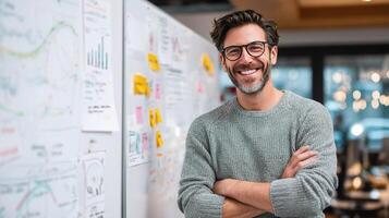 A man with glasses and a sweater standing in front of a white board photo