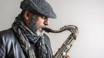 A man with a hat and scarf playing a saxophone photo