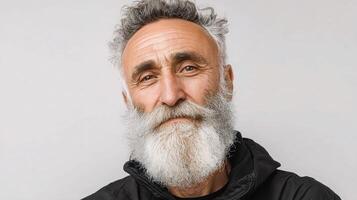 A man with a long white beard and a black jacket photo
