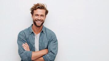 A man with a smile standing in front of a white background photo