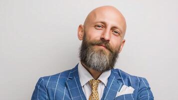 A bald man with a beard and a suit photo