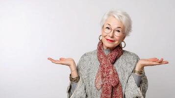 An older woman with glasses and a scarf is holding something photo