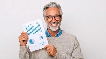 A man with glasses and a beard holding a paper with graphs photo