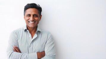 A man in a shirt smiling and standing in front of a white wall photo