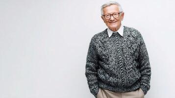 An older man in a sweater and glasses photo