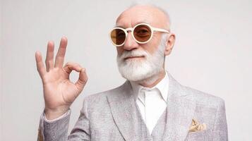 An old man with a white beard and glasses making an ok sign photo