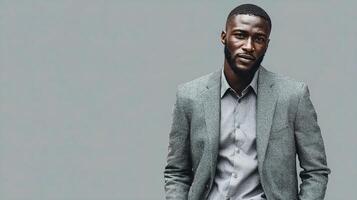 A man in a suit and shirt standing in front of a gray background photo