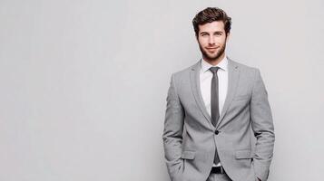A man in a suit and tie standing in front of a gray wall photo