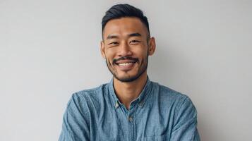 A man smiling in front of a white wall photo