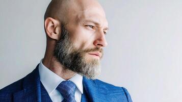 A bald man with a beard and suit photo