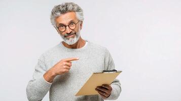 An older man with glasses and a beard is holding a clipboard photo
