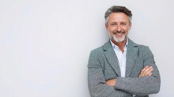 A man with a gray beard and white shirt standing in front of a white wall photo