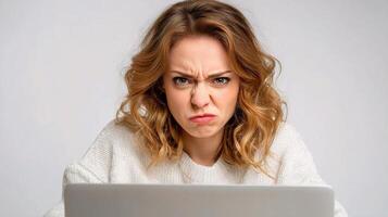 A woman is looking at her laptop while making an angry face photo