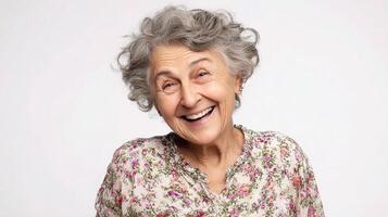 An older woman is smiling and laughing photo