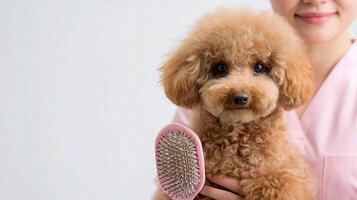 A woman is holding a brush and a dog photo