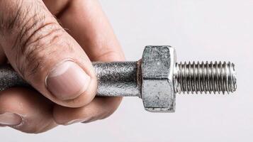 A person holding a bolt with a nut on it photo
