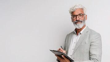 A man with a white beard and glasses is holding a clipboard photo