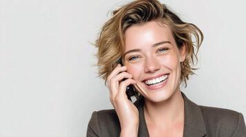 A woman is smiling while talking on a cell phone photo
