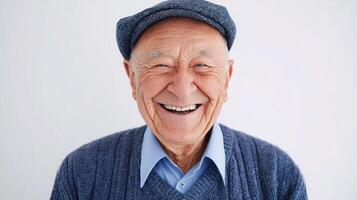 An older man is smiling and wearing a hat photo