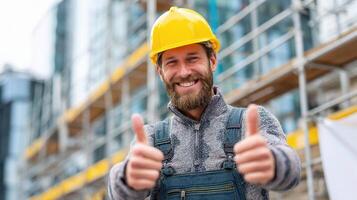 A man with a beard and hard hat giving the thumbs up photo