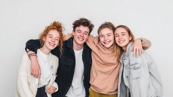 Four young people smiling together in a group photo
