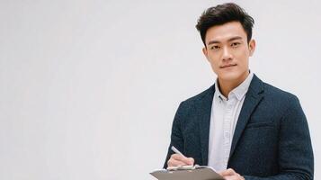 Asian man in suit holding clipboard and pen photo