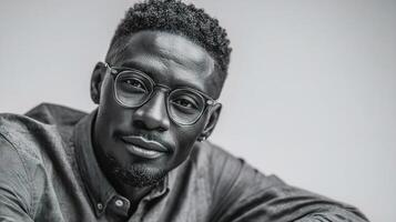 A black and white photo of a man with glasses