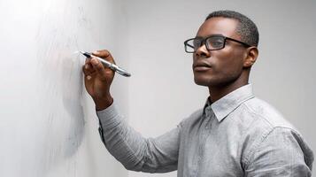 A man in glasses writing on a whiteboard photo