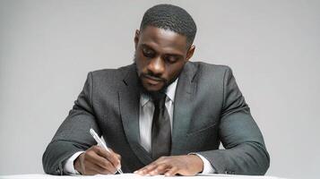 A man in a suit writing on a piece of paper photo
