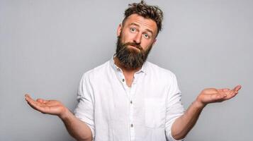 A man with a beard and white shirt is holding something up photo