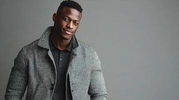 A man in a gray jacket and black shirt photo